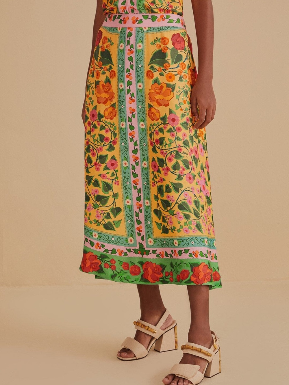 FARM Rio Yellow Floral Border Midi Skirt with Green and Pink Accents
